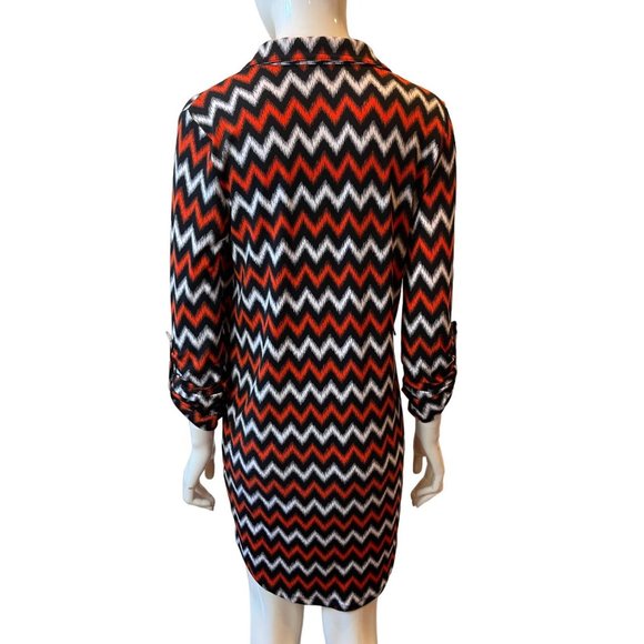 Michael Kors Womens Chevron Button Up Shirt Dress Roll Up Sleeve Red Black SZ 2 - Picture 2 of 8